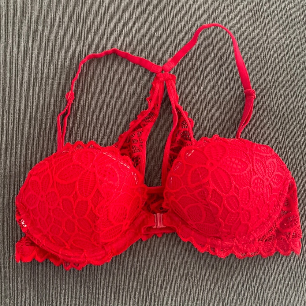 Pink red lace racer back push up bra